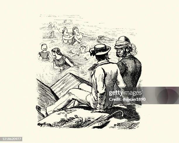 men watching young woman frolic in the sea, 19th century - women swimming pool retro stock illustrations