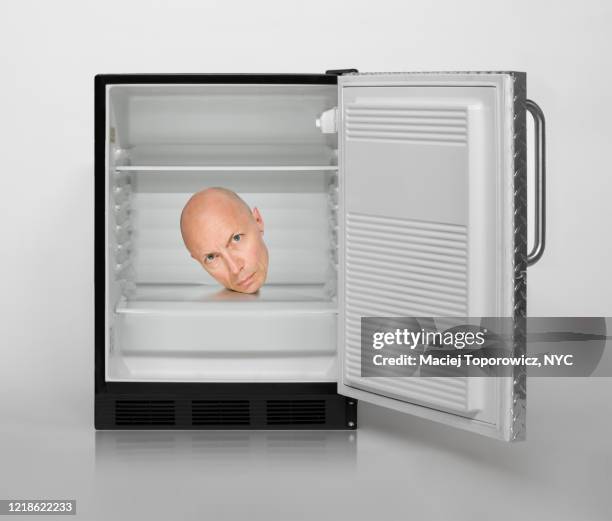 view of an open fridge with a human head inside. - open fridge stock-fotos und bilder