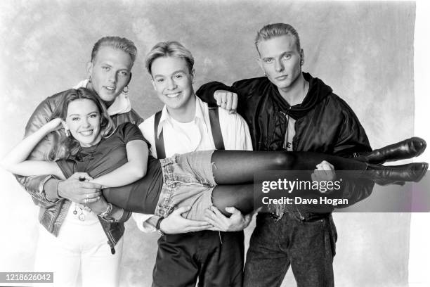 Kylie Minogue, Jason Donovan, Matt and Luke Goss of Bros during the recording of the Band Aid 2 charity single 'Do They Know It's Christmas' PWL...