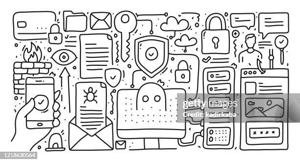 cyber security hand drawn, doodle and vector illustration icons set - keyhole stock illustrations