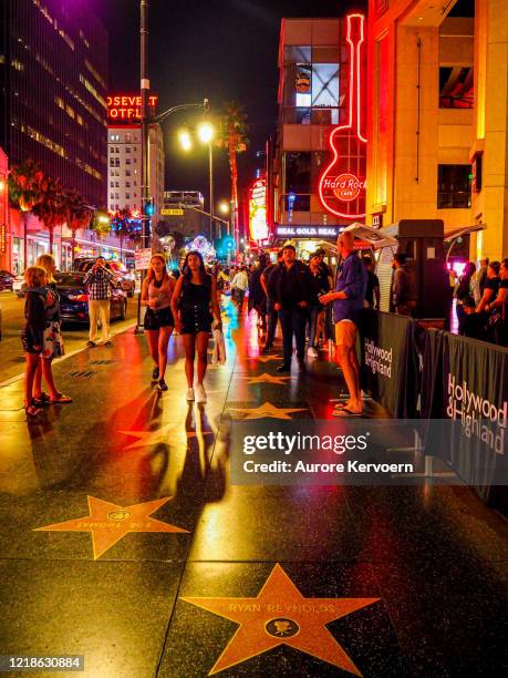 calçada da fama à noite, hollywood boulevard, los angeles - hollywood sign at night - fotografias e filmes do acervo