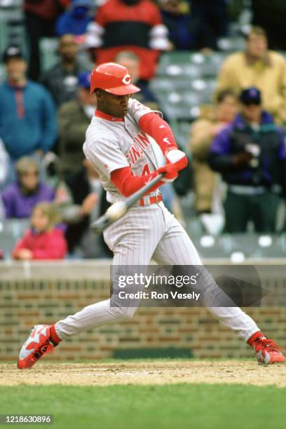 Eric Davis of the Cincinnati Reds bats during an MLB game at Wrigley Field in Chicago, Illinois. Davis played for 17 season with 6 different teams...