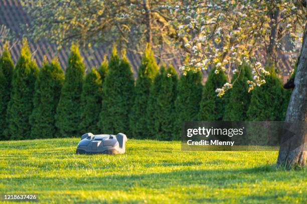 robot mower automatic grass mowing in natural garden - emerald green stock pictures, royalty-free photos & images