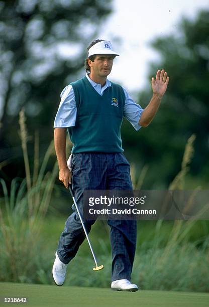 European team member David Feherty of Ireland holes out during the Ryder Cup at Kiawah Island in South Carolina, USA. The USA team won the event with...
