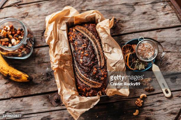 delicious vegan gluten-free banana bread - fruit cake stock pictures, royalty-free photos & images