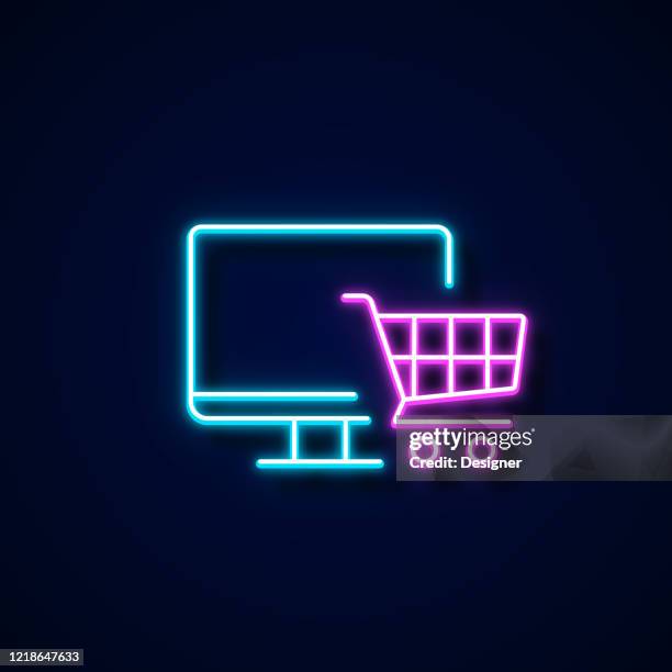 ilustraciones, imágenes clip art, dibujos animados e iconos de stock de icono de compras en línea estilo de neón, elementos de diseño - shopping cart