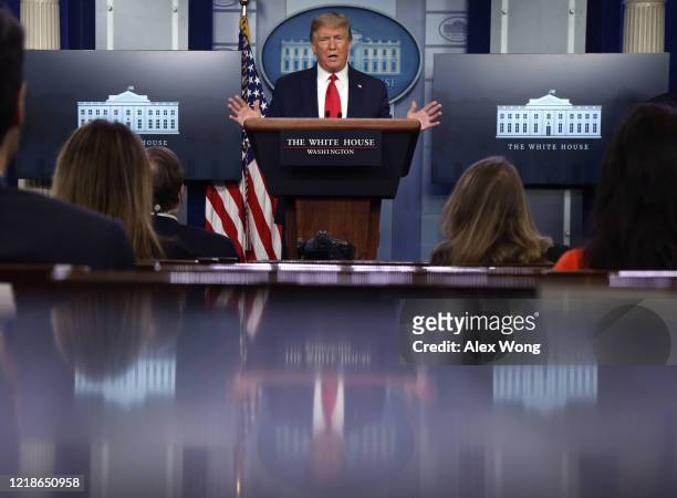 President Donald Trump speaks during the daily briefing of the White House Coronavirus Task Force at the James Brady Press Briefing Room of the White...