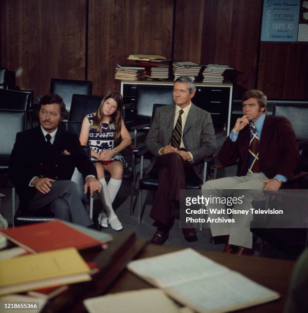 Deforest Kelly, Christine Matchett, Arthur Hill, Lee Majors appearing in the ABC tv series 'Owen Marshall, Counselor at Law'.
