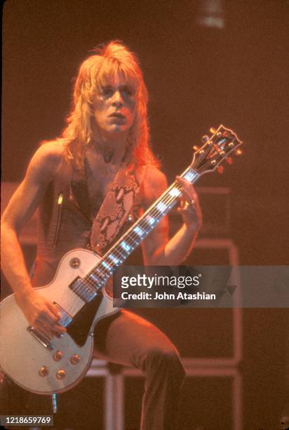 Guitarist Randy Rhoads is shown performing on stage during a live concert appearance with the Blizzard of Ozz on August 26, 1981.
