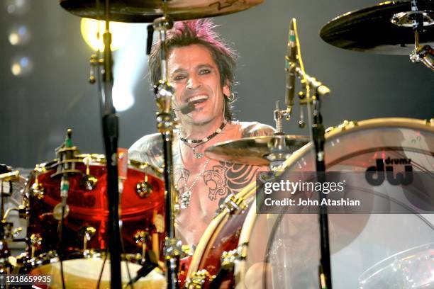 Drummer Tommy Lee is shown performing on stage during a "live" concert appearance with the Rock Star Supernova on January 27, 2007.