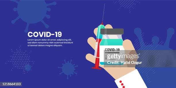 covid-19 corona virus impfung injektion hoffnung für immunität krankheit flache vektor-illustration - panoramic stock-grafiken, -clipart, -cartoons und -symbole