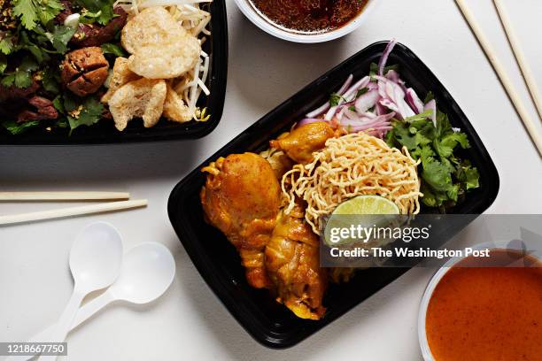 Left to right: Boat Noodle Soup -Thin Rice Pho Noodles, Sliced Beef, Tender Beef Chunk, Homemade Pork Ball, Bean Sprouts, Chinese Broccoli, Cilantro,...