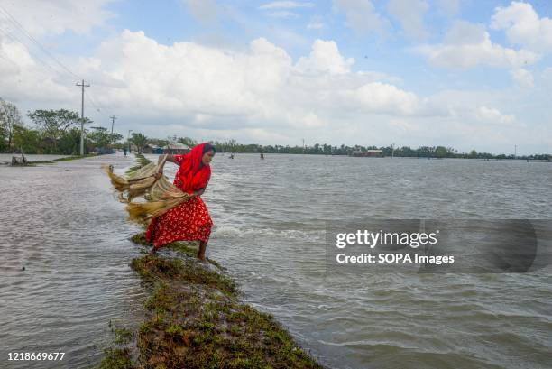 Woman seen fishing at a flooded shore after the landfall of cyclone Amphan during the aftermath. Thousands of shrimp enclosures have been washed...