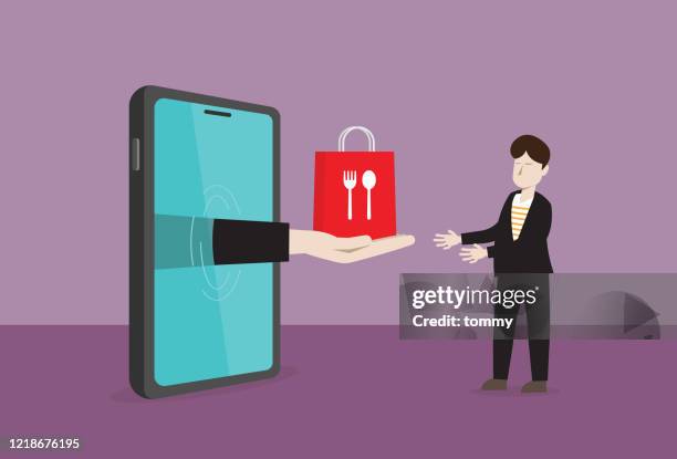 businessman receives food from a mobile phone - convenience food stock illustrations