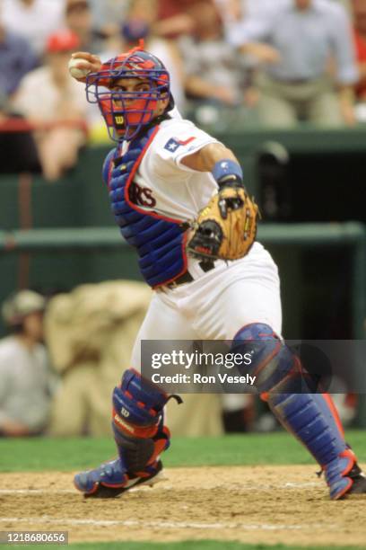 Ivan Rodriguez of the Texas Rangers fields during an MLB game at The Ballpark in Arlington in Arlington, Texas. Rodriguez played for 21 seasons with...