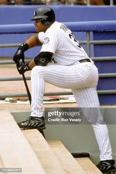 Frank Thomas of the Chicago White Sox looks on during an MLB game at Comiskey Park in Chicago, Illinois. Thomas played for 19 seasons with 3...