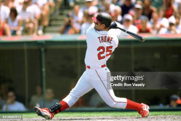 Jim Thome of the Cleveland Indians bats during an MLB game at Jacobs Field in Cleveland, Ohio. Thome played for 22 seasons, with 6 different teams,...