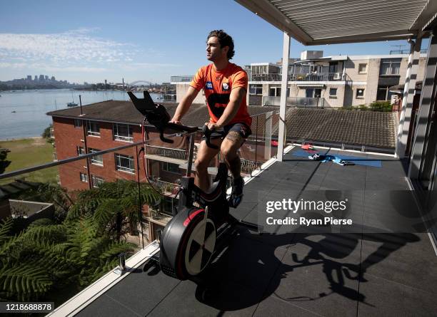 Giants AFL player Tim Taranto trains in isolation at his home in Sydney on April 14, 2020 in Sydney, Australia. AFL players across the country are...