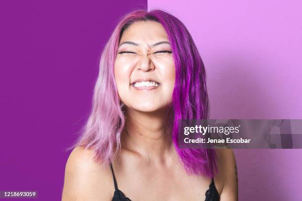 pink and purple portrait - asian purple hair stock pictures, royalty-free photos & images