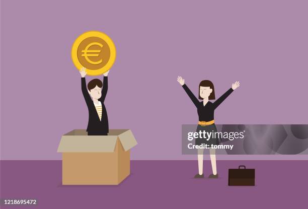 businessman out of the box to give a euro coin for a businesswoman - borrowing stock illustrations