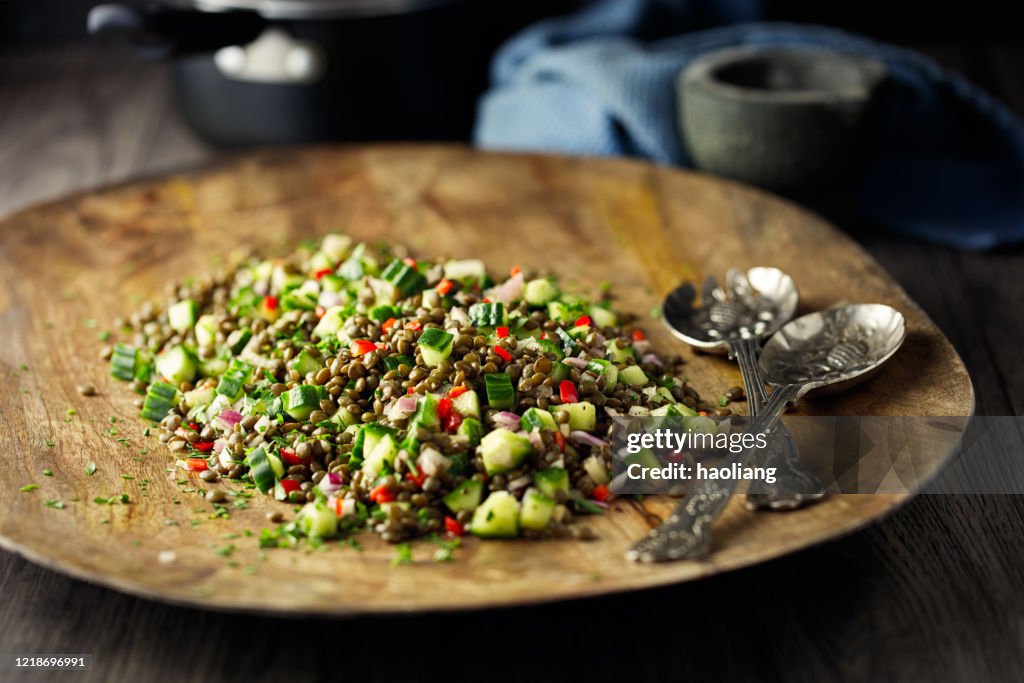 Green lentils,cucumber and red chilli salad