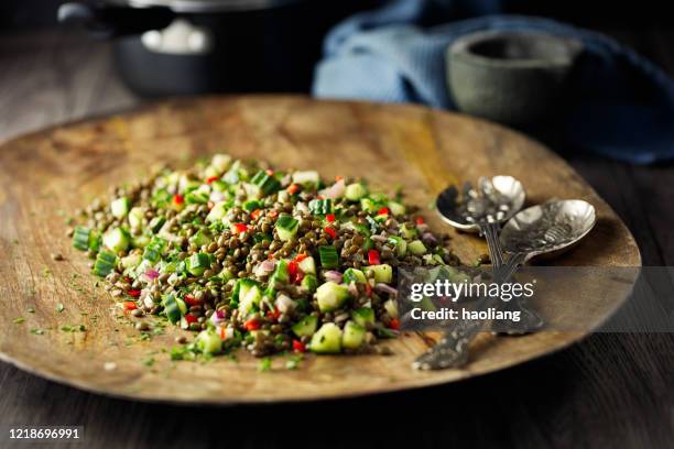 green lentils,cucumber and red chilli salad - green lentil stock pictures, royalty-free photos & images