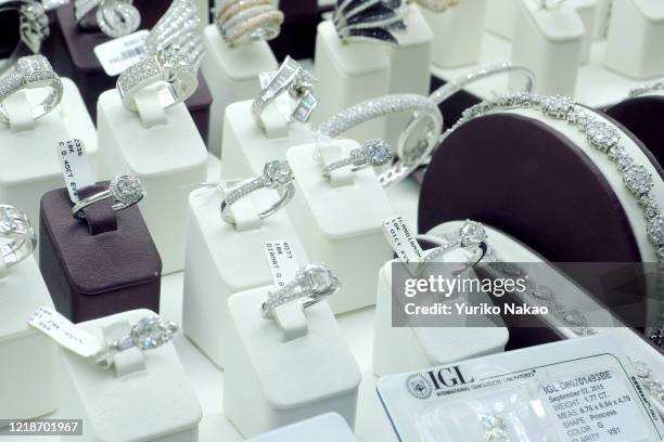 Diamond ring with IGL certificate among with other rings and bracelets displayed in a show window of a diamond shop on January 16, 2019 in Antwerp,...