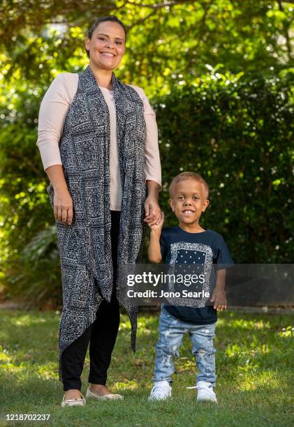 Quaden Bayles poses for a portrait with his mother Yarraka Bayles on April 13, 2020 in Brisbane, Australia. 9-year-old Quaden Bayles, who born with...