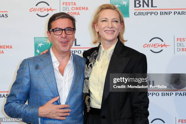 The Australian actress Cate Blanchett and the Italian writer Antonio Monda at the photocall of the film The House With a Clock in Its Walls during...