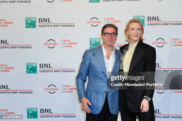 The Australian actress Cate Blanchett and the Italian writer Antonio Monda at the photocall of the film The House With a Clock in Its Walls during...