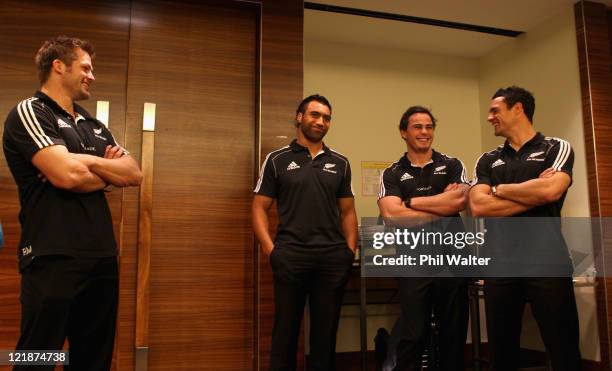 Richie McCaw, Victor Vito, Zac Guildford and Dan Carter of the All Blacks look on as the New Zealand All Black team is named for the 2011 Rugby World...