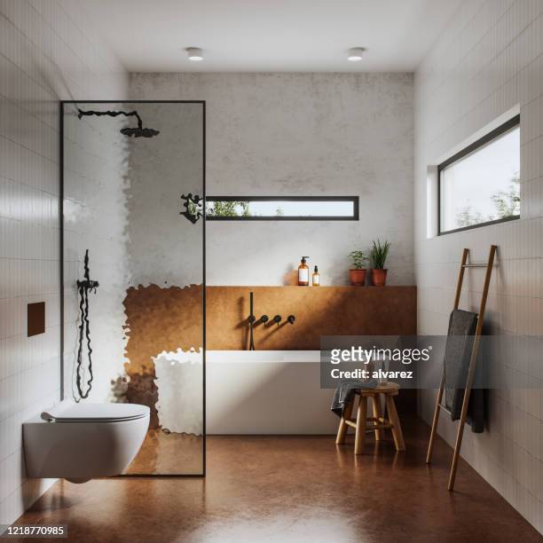 interior of bathroom in 3d - domestic bathroom stock pictures, royalty-free photos & images