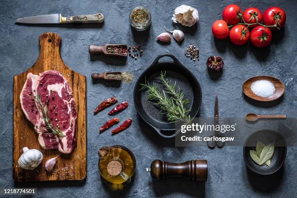 home inventory: cooking a fresh beef steak - knolling concept stock pictures, royalty-free photos & images