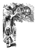 Alice in Wonderland Antique illustration - Alice talking to Cheshire Cat in a tree