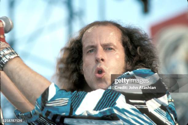 Singer Klaus Meine of the heavy metal band The Scorpions is shown performing on stage during the Monsters of Rock tour on June 12, 1988.