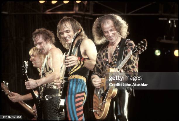 Heavy metal rockers The Scorpions are shown performing on stage during a live concert appearance at Rock in Rio I on January 18, 1985.