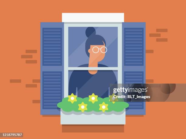窓の外を見ている若い女性のイラスト - 好奇心点のイラスト素材／クリップアート素材／マンガ素材／アイコン素材