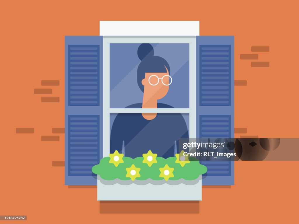Illustration of young woman looking out window