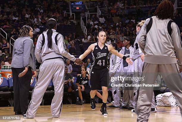 Tully Bevilaqua of the San Antonio Silver Stars is introduced before the WNBA game against the Phoenix Mercury at US Airways Center on August 20,...