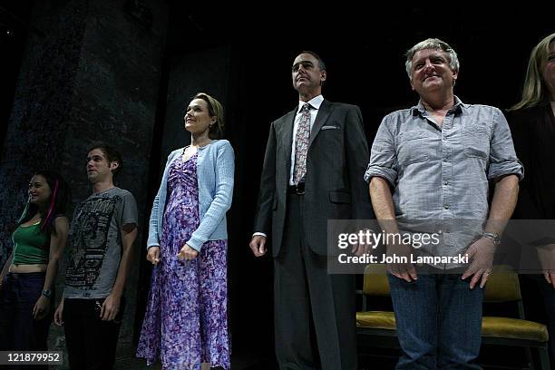 Mara Measor, Tobias Segal ,Kate Blumberg, Michael Countryman and Simon Russell Beale bow during the curtain call for the "Bluebird" opening night at...