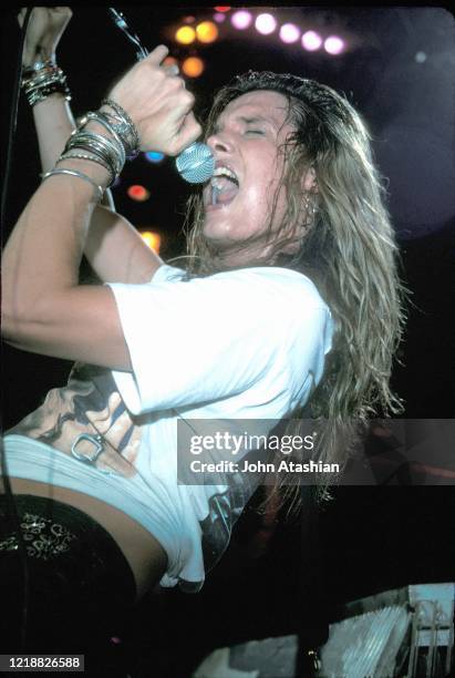 Singer Sebastian Bach is shown performing on stage during a "live" concert appearance with Skid Row on December 27, 1989.