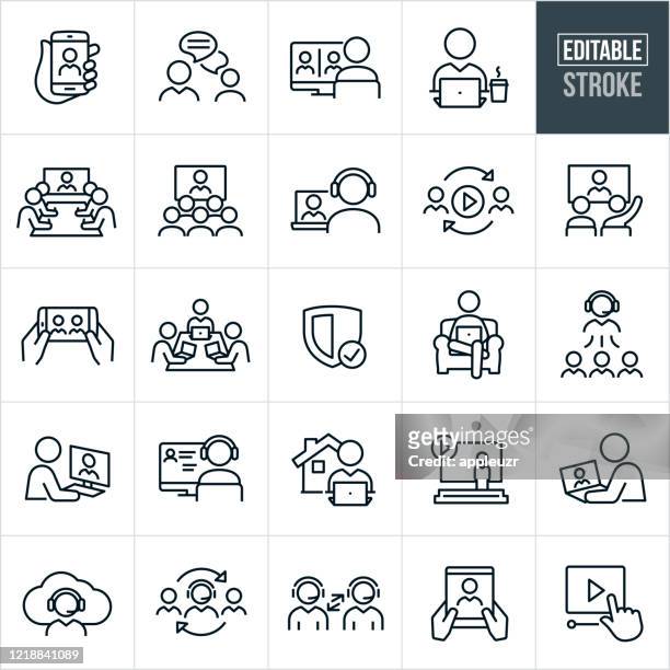 illustrazioni stock, clip art, cartoni animati e icone di tendenza di icone a linea sottile per videoconferenze - tratto modificabile - persone d'affari
