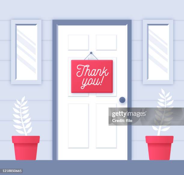 ilustrações de stock, clip art, desenhos animados e ícones de thank you note on door showing gratitude - greeting