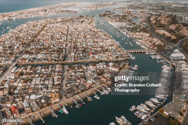 drone point of view of boats - newport beach california stockfoto's en -beelden