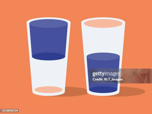 ilustrações de stock, clip art, desenhos animados e ícones de illustration of two drinking glasses, glass half full or glass half empty - meio cheio