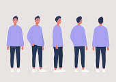 Young male character poses collection: front, side and back views