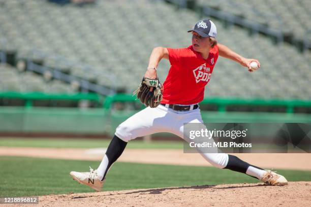 Kyle Harrison pitches during a PDP event at Banner Island Ballpark on Friday, July 13, 2018 in Stockton, California.