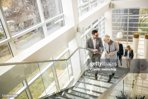 happy business colleagues in modern office going up the stairs and talking - moving up stock pictures, royalty-free photos & images