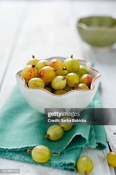 gooseberries in white bowl - uva spina foto e immagini stock
