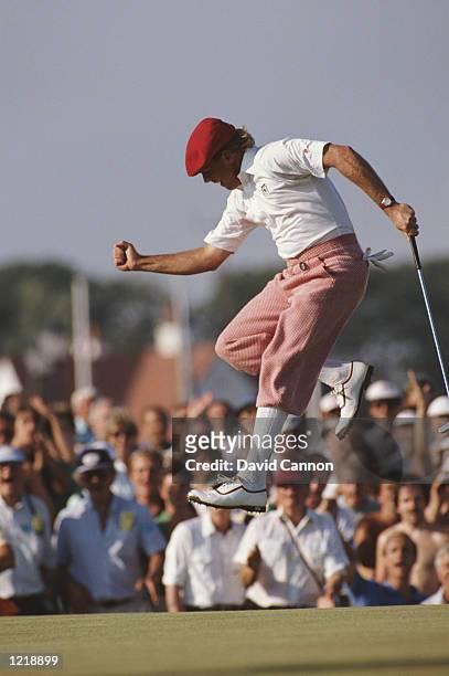 Payne Stewart of the USA jumps for joy as he birdies at the 17th during the British Open at Royal Troon Golf Club in Scotland. \ Mandatory Credit:...